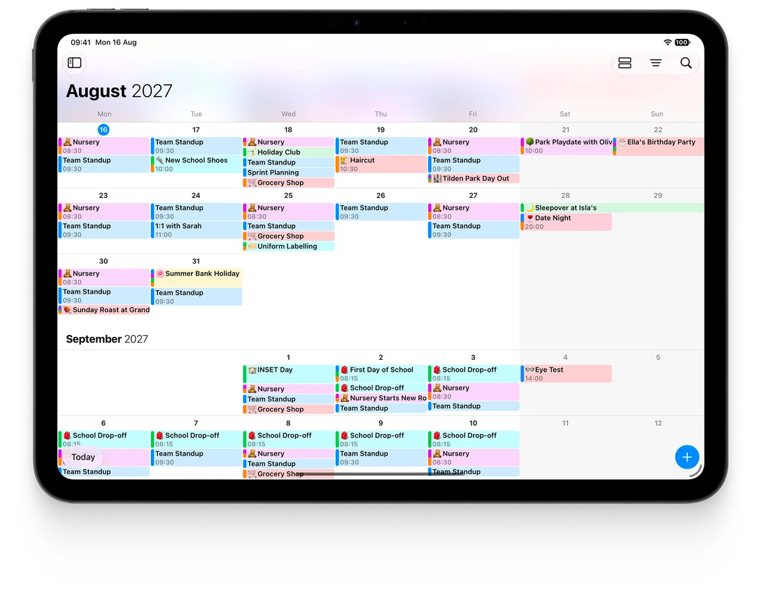 OurCal’s colour-coded shared calendar in month view on an iPad