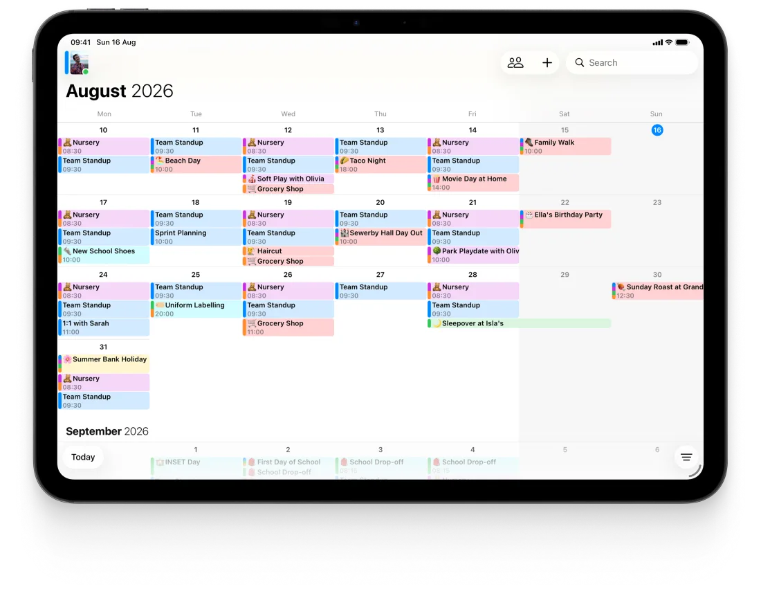 OurCal’s colour-coded shared calendar in month view on an iPad