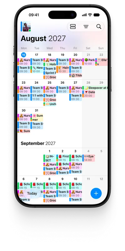 OurCal’s colour-coded shared calendar in month view on an iPhone