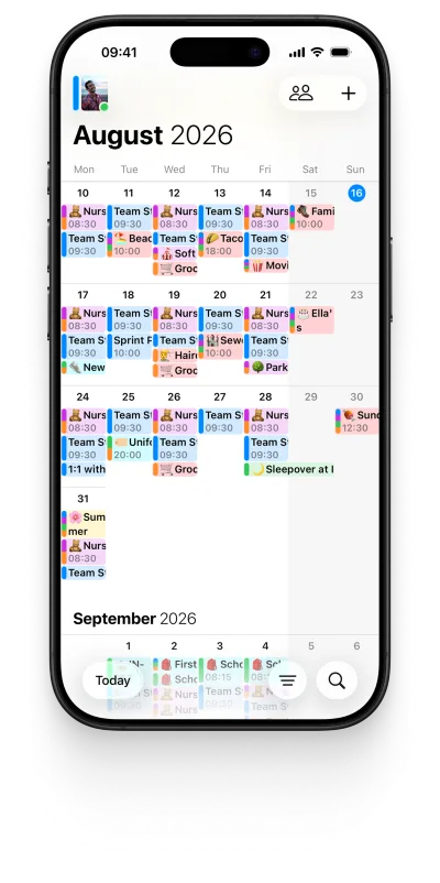 OurCal’s colour-coded shared calendar in month view on an iPhone