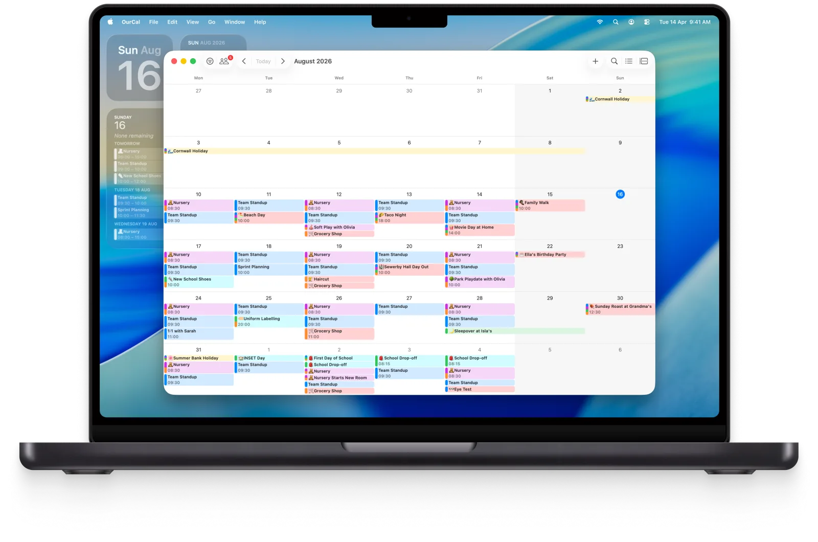 OurCal’s colour-coded shared calendar in month view on a MacBook